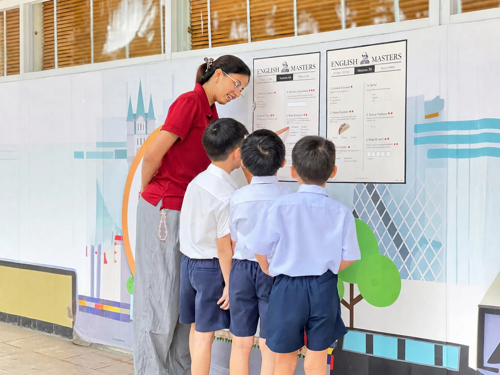 A TITAN educator with three primary students at a corridor wall of English Masters mission sheets, one of the children pointing at an answer