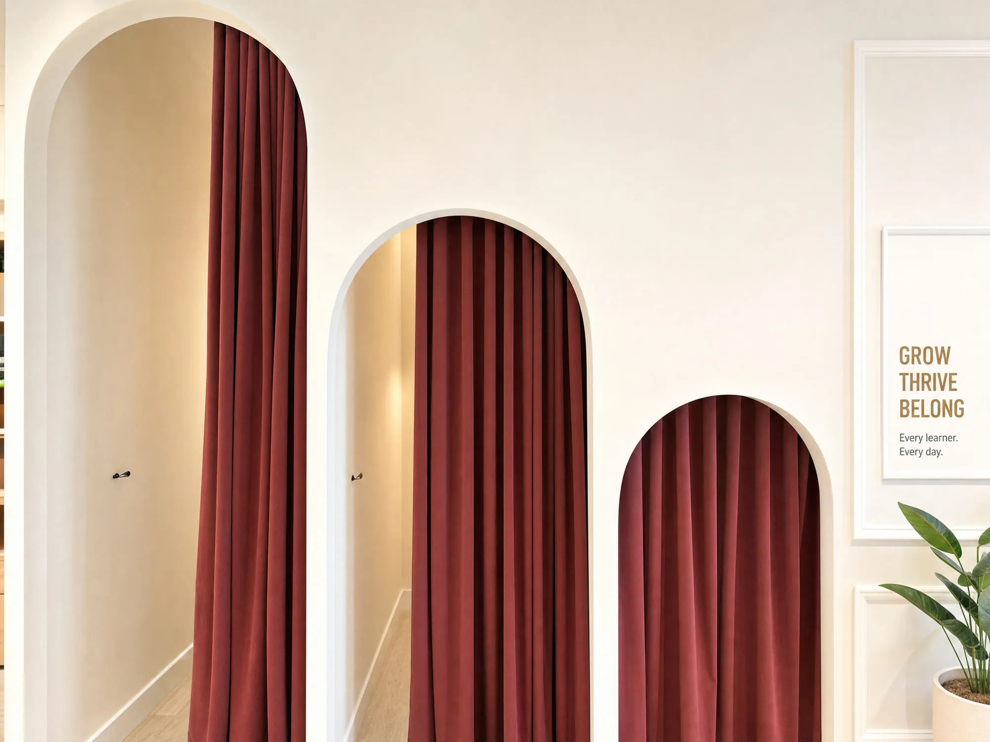 The arched study bays at the TITAN Setia Indah campus, beside a framed print reading Grow, Thrive, Belong