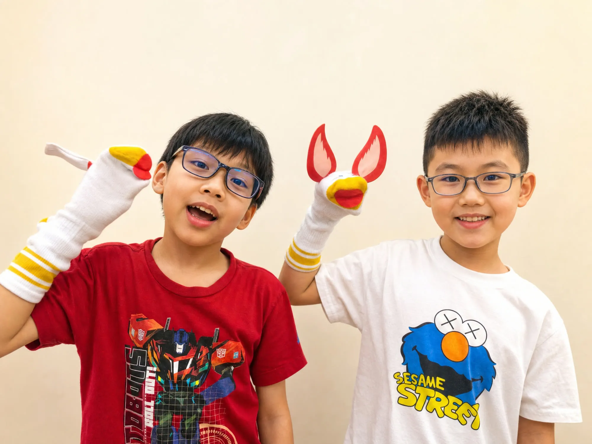 Two TITAN students speaking through sock puppets in an English activity