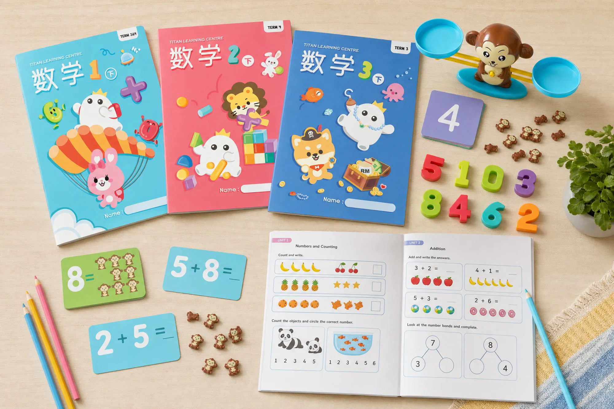 TITAN's own Mathematics workbooks for Primary 1 to 3, with number tiles, cards and counters